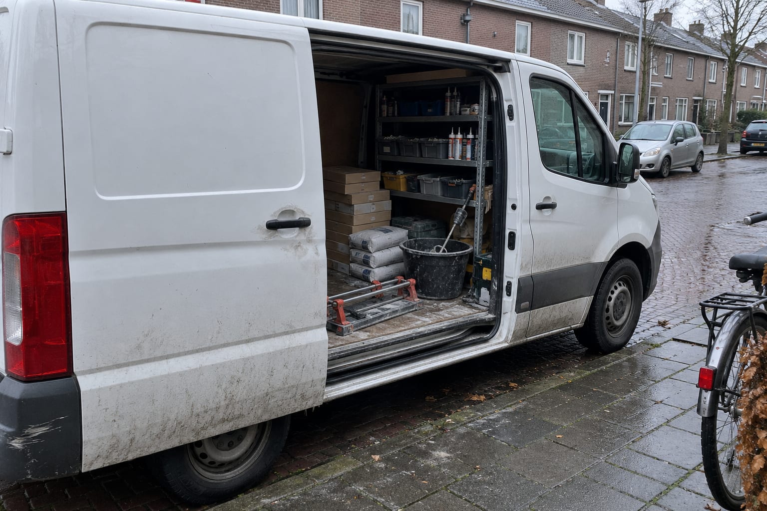 Witte werkbus aan de straatkant met open schuifdeur, professioneel ingericht met tegellijm en gereedschap