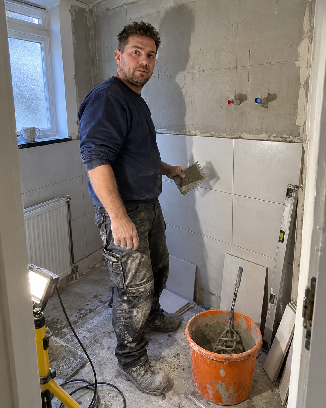 Gregory Park aan het werk in een badkamer in aanbouw, met de lijmkam in de hand