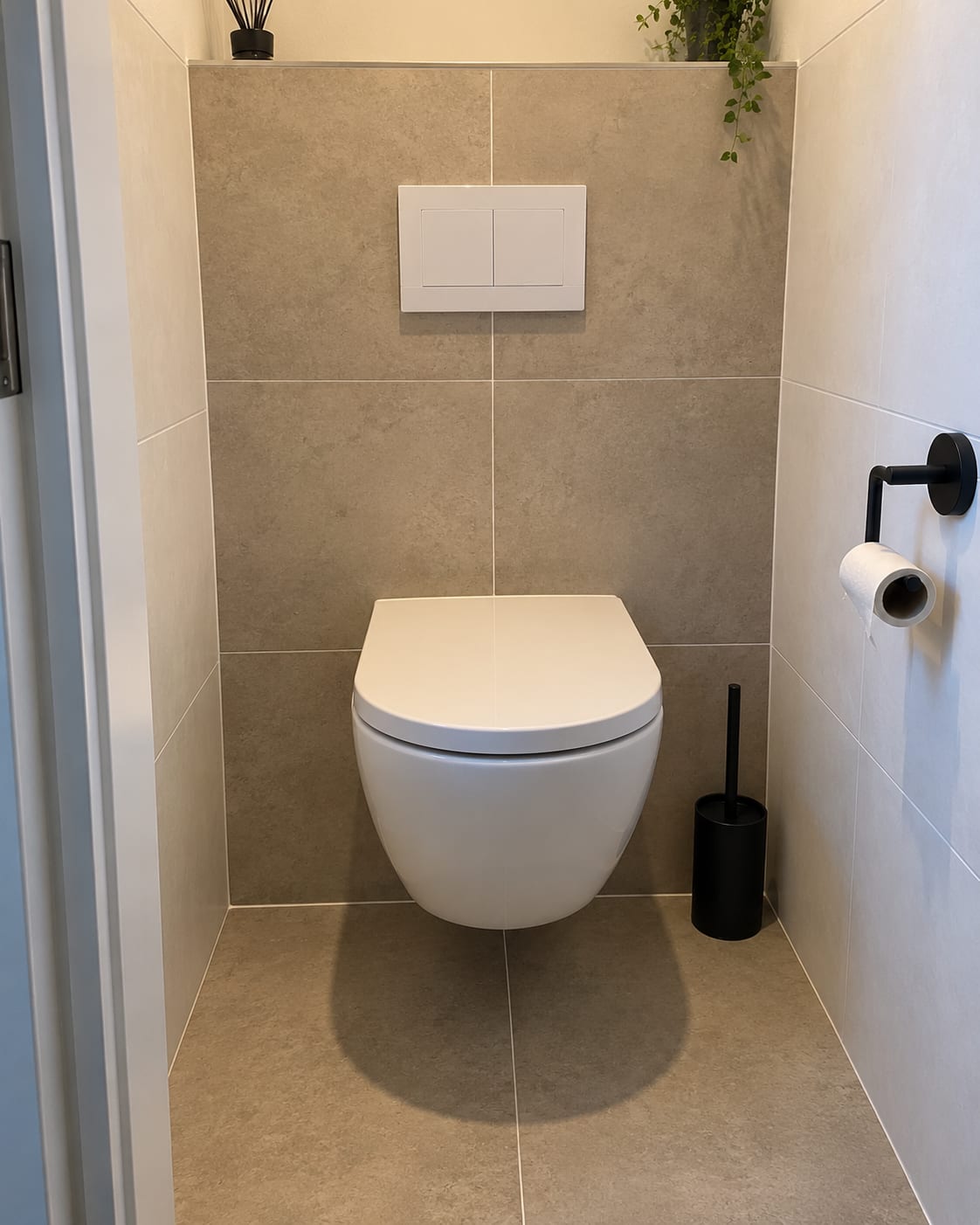 Inbouwtoilet tegen een betegelde voorzetwand met de voeg exact gecentreerd op de bedieningsplaat