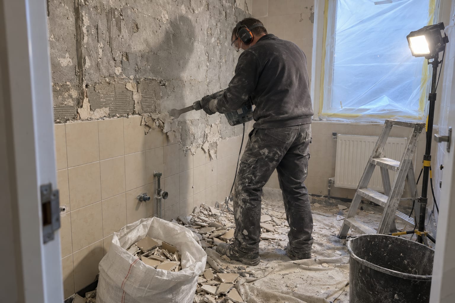 Oude wandtegels worden vakkundig losgebikt met een breekhamer (voorbeeldfoto).