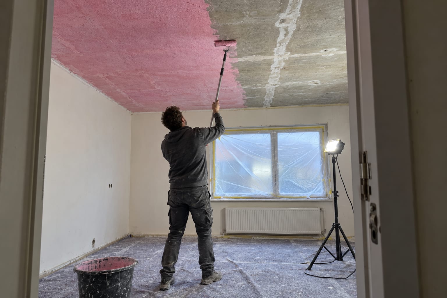 Met een roller aan een steel wordt roze voorstrijk aangebracht op een kaal betondek.