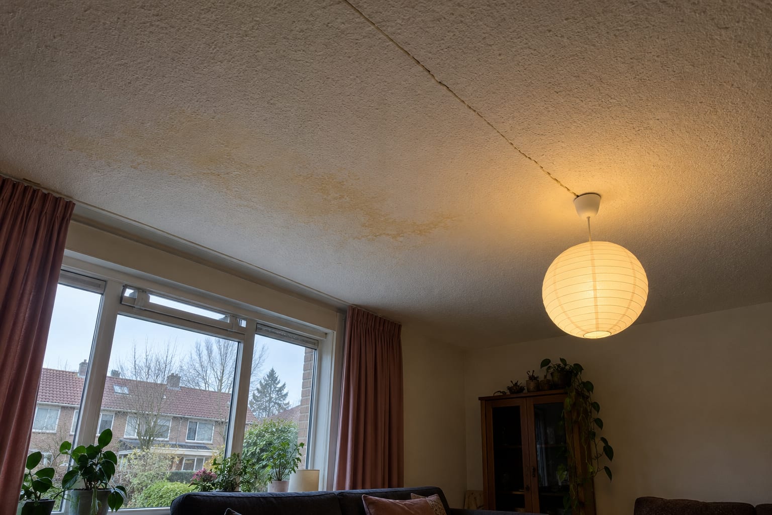 Voor het stucen: plafond met grove spuitwerkkorrel, vergeeld en met een zichtbare scheur bij het lichtpunt.